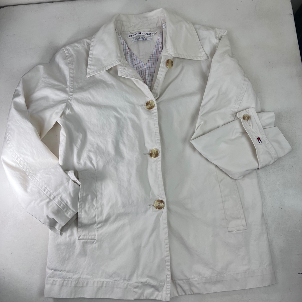 Vtg Tommy Hilfiger White‎ Cotton Button Up Jacket Womens Medium Casual Mod Disco